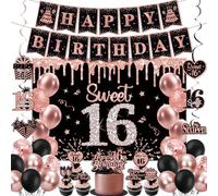 Sweet 16 Party Decorations, Rose Gold 16th Birthday Decorations for Girls Including Sweet 16 Sash & Tiara Set HAPPY BIRTHDAY Banner Backdrop Hanging Garland Swirl Balloons Paper PomPoms Cake Toppers