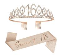 Sweet 16 Sash and Rhinestone Tiara Set for Girls, Pink Birthday Rhinestone Crown 16 & Decorative Satin Sash, Sweet 16th Birthday Gifts for Girls Happy 16th Birthday Party Favor Supplies