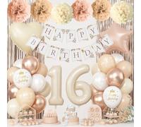 Sweet 16th Beige Birthday Decorations, Cream Foil Number 16 Heart Brown Star Balloons Boho White Gold Nude Balloon with Neutral Happy Birthday Banner Fringe Curtain Paper Pom Poms Girls Party Decor