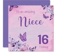 Sweet 16th Birthday Card for Niece - Charming Butterflies and Pink Florals - Soft Pastel Design for Her 16th - 145mm Square, Envelope Included