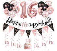 Sweet 16th Birthday Decorations for Girls - Black Rose Gold 16th Birthday Banners, Balloons, Bunting, Hanging Swirls Streamers and Cake Toppers for Girl Women Adults Happy Party Decoration