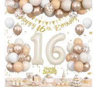 Sweet 16th Birthday Decorations, Sand White Gold Party Decorations with 16 Year Old Foil Balloon Set, Beige Gold Happy Number 16 Birthday Banner with Cake Topper for Boho Party Supplies