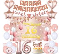 Sweet 16th Pink Birthday Decorations - Rose Gold Background Cloth Theme Banner Number 16 Balloons Cake Toppers Latex Balloons for Birthdays and Graduations Create a Happy Atmosphere