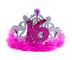 Sweet 16th Tiara with Pink Feathers, Bright Pink Feathered and Jewelled Tiara with Large 16, made from Plastic