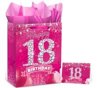Sweet 18th Gift Bag for Girls, Pink 18th Birthday Wrapping Paper Bag with Greeting Card and Tissue Paper 18 Year Old Happy Birthday Kraft Gift Bag for Girls Eighteen Bday Decorations Supplies