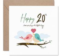 Sweet 20th Anniversary Card - Two Lovebirds on a Branch - Cheerful Artwork in Soft Pinks and Blues - A Charming Way to Celebrate Togetherness - 145mm Square, Envelope Included