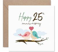 Sweet 25th Anniversary Card - Two Adorable Birds on a Branch - Soft Watercolour Motif with Pops of Pink and Blue - 145mm Square, Envelope Included