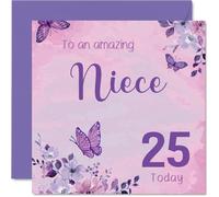 Sweet 25th Birthday Card for Niece - Celebrating 25 in Style - Pretty Butterflies and Flowers on Soft Pink - 145mm Square, Envelope Included