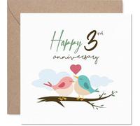 Sweet 3rd Anniversary Card - Lovebirds on a Branch, Celebrating Together - Charming Watercolour Design in Soft Pinks and Blues - 145mm Square, Envelope Included