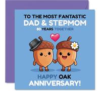 Sweet 80th Anniversary Card for Stepmum & Dad - Oak-solid Love Shines - Two Adorable Acorns Hand in Hand on Joyful Blue and Purple - 145mm Square, Envelope Included