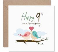 Sweet 9th Anniversary Card - Two Lovebirds on a Branch - Vibrant Colours and Playful Style - A Charming Way to Mark Nine Wonderful Years - 145mm Square, Envelope Included