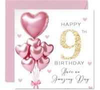 Sweet 9th Birthday Card - Shimmering Heart Balloon Cluster & Gold Glitter 9 | Pretty Pink and Gold Design, Bow Accent for a Special Day, 145mm Square, Envelope Included