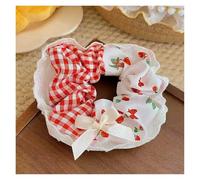 Sweet and cute strawberry lace bow large intestine hair tie,pastoral style tie ball head and low ponytail head rope(1pc red and white)