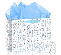 Sweet Baby Boy Gift Bag Ahoy It's a Boy Gift Wrapping Paper Bag with Greeting Card for Nautical Theme Newborn Gender Reveal Baby Shower Birthday Party Favors Supplies