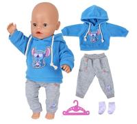 Sweet Baby Doll Clothes for 14-18 Inch Baby Doll, 4 Pcs Blue Puppy Doll Outfits with Hooded Sweatshirt Grey Trousers Socks Hanger Compatible with with New Born Baby 35-43 cm Dolls Girls Birthday