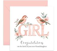 Sweet Baby Girl Greeting Card - Congratulations on the Arrival of Your Granddaughter - Cute Watercolour Pink Birds and Letters Design - Gift for Grandparents - Celebration Gifts for Them