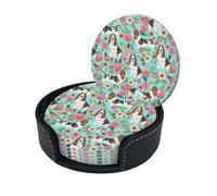 Sweet Basset Hound Florals Coasters Set Of 6 For Drinks With Holder, Classy And Simple Coasters For Coffee Table, Great Housewarming Gifts