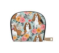Sweet Basset Hound Florals Leather Semi-Circular Card Bag, Compact and Convenient, Easy to Store