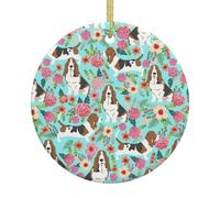 Sweet Basset Hound Florals Print Christmas Tree Ceramic Round Hanging Ornaments,Xmas Decoration DIY Keepsake 2025