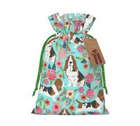 Sweet Basset Hound Florals Print Drawstring linen gifts bag for Christmas Party,holiday packaging presents bags.