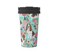 Sweet Basset Hound Florals Print Tlater Travel Mug,500ml Handheld Insulated Coffee Mug,Leakproof Lid Stainless Steel,Insulated Coffee Cup With Leakproof Lids Reusable Coffee Cups Travel Car Coffee Mug