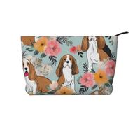 Sweet Basset Hound Florals Printed Corduroy Makeup Bag for Women Cute Make up Bag Travel Cosmetic Bag with Wristlet