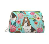 Sweet Basset Hound Florals Printed Leather Makeup Bag for Women Girls - Small Portable Travel Cosmetic Organiser Toiletry Bag