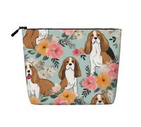 Sweet Basset Hound Florals Printed Make up Bag Linen Toiletry Bag Personalized Travel Makeup Cosmetic Bag for Women Mom