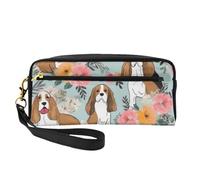 Sweet Basset Hound Florals Printed Makeup Bag for Women Travel PU Leather Cosmetic Bag with Wristlet Toiletry Bag