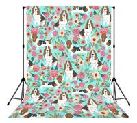Sweet Basset Hound Florals Printed Portrait Backdrop, Non Reflective Polyester Screen, Smooth Background for Recording