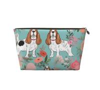 Sweet Basset Hound Florals Printed Toiletry Bag for Women Girl Portable Travel Cosmetic Bag Leather Makeup Pouch Organizer with Gold Zipper