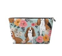 Sweet Basset Hound Florals Printed Toiletry Bag for Women Girl Portable Travel Cosmetic Bag Leather Makeup Pouch Organizer with Silver Zipper