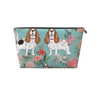 Sweet Basset Hound Florals Printed Toiletry Bag for Women Girl Portable Travel Cosmetic Bag Leather Makeup Pouch Organizer with Silver Zipper