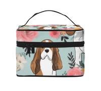 Sweet Basset Hound Florals Printed Travel Makeup Bag Spacious Portable Cosmetic Organiser with Handle, Large Capacity Toiletry Bag, Gift for Women Girls