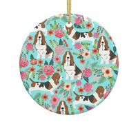 Sweet Basset Hound Florals Printing 2.9 Inch Christmas Tree Ceramic Hanging Xmas Ornament Gifts For Home Table Holiday Decoration