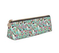 Sweet Basset Hound Florals Printing Triangular Leather Pencil Case with Zipper Pen Pouchfor Boys Girls Pupil for Work and School