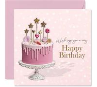 Sweet Birthday Card - Celebrate in Style - Pink Drip Cake with Star and Heart Toppers - Gold Accents Add a Festive Sparkle - 145mm Square, Envelope Included