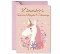 Sweet Birthday Card for Daughter - Sprinkle Some Magic - Whimsical Unicorn with Floral Surround in Pink and Gold - 5X7 Inch, Envelope Included