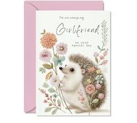 Sweet Birthday Card for Girlfriend - Adorable Hedgehog Surrounded by Vibrant Flowers - Pastel Colours Add a Gentle, Loving Touch - 5x7 Inch, Envelope Included