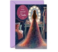 Sweet Birthday Card for Sister - Sparkle and Glamour for Your Special Day - Shimmering Multicoloured Gown at a Vanity Mirror - 5X7 Inch, Envelope Included