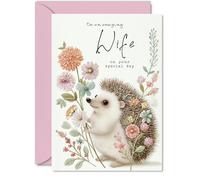Sweet Birthday Card for Wife, Charming Hedgehog Surrounded by Pastel Blooms