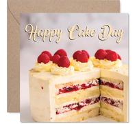 Sweet Birthday Card - Raise a Smile with 'happy Cake Day' - Raspberry and Cream Cake Illustration - A Deliciously Joyful Birthday Treat - 145mm Square, Envelope Included