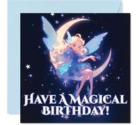 Sweet Birthday Card - Sprinkle Some Birthday Magic - Whimsical Fairy Perched on a Crescent Moon with Twinkling Stars - 145mm Square, Envelope Included
