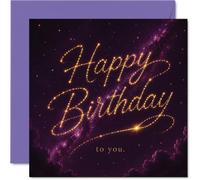 Sweet Birthday Card - Whimsical Starlit Wishes - Sparkling Gold Script Among a Dreamy Galaxy Night Sky - for Truly Magical Birthdays - 145mm Square, Envelope Included
