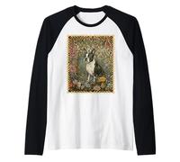 Sweet Black & White Boston Terrier in Vintage Floral Garden Raglan Baseball Tee