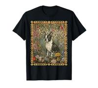 Sweet Black & White Boston Terrier in Vintage Floral Garden T-Shirt