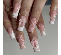 Sweet Bow-Tie False Nails - 24pcs Acrylic French Tip Press On Nails with Mini Tool Kit, Flower Gem Design, Reusable Stick On for Women Girls DIY Art, Cute Almond Shape