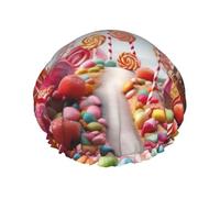 Sweet Candy Backdrop Shower Caps for Women Reusable Bath Caps for Men Double Layer Waterproof Hair Cap with EVA Lining Stylish Large Shower Bonnet Soft Bath Hat for Long Hair, Braids