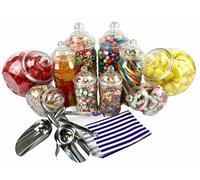 Sweet Candy Buffet Pick & Mix Jars - Set of 10 Mixed Jars with Victorian Bobble Lids, 2 x Metal Tongs, Scoops & 100 x Purple Striped Paper Bags