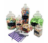 Sweet Candy Buffet Pick & Mix Jars- Set of 6 Assorted sizes with Victorian Bobble Lids, Blackboard Stickers, Chalk Pencil, Metal Scoop & Tong and 50 x Paper Bags (Purple)